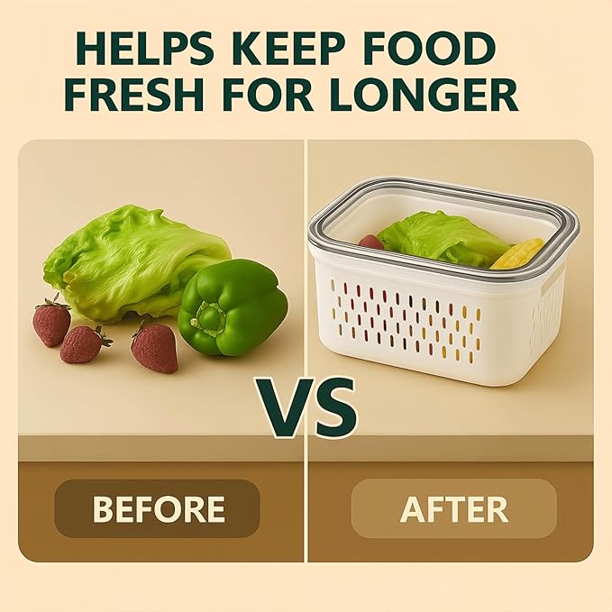 4 Pack Food Storage Containers with Lids – Refrigerator Organizer with Removable Colander & Drain Basket, Airtight Produce Saver for Fruits & Vegetables