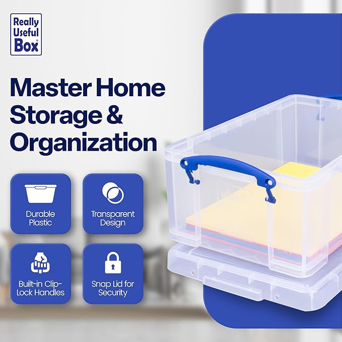 Really Useful Box 9 Liter Plastic Stackable Storage Container with Snap Lid & Built-in Clip Lock Handles for Home or Office Organization, Clear