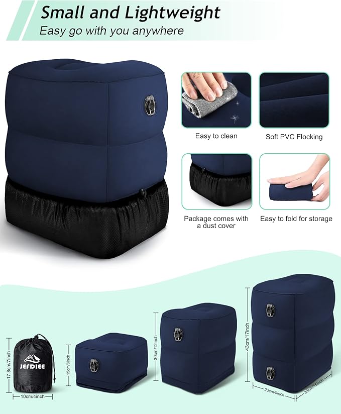 JefDiee Inflatable Travel Foot Rest Pillow, Kids Airplane Bed, Adjustable 3 Layers Height Leg Rest Pillow, Adults Travel Essentials Great for Airplane, Office, Home, Trains, Cars (Blue)