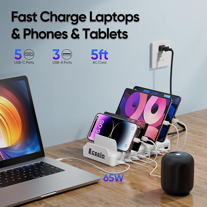 300W Charging Station for Multiple Devices, 8 Port Multi USB C Fast Charger Station Dock for MacBook iPhone 17/16/15/14/13/12 Samsung Pixel Series iPad, White (6 Mixed Short Cables Included)