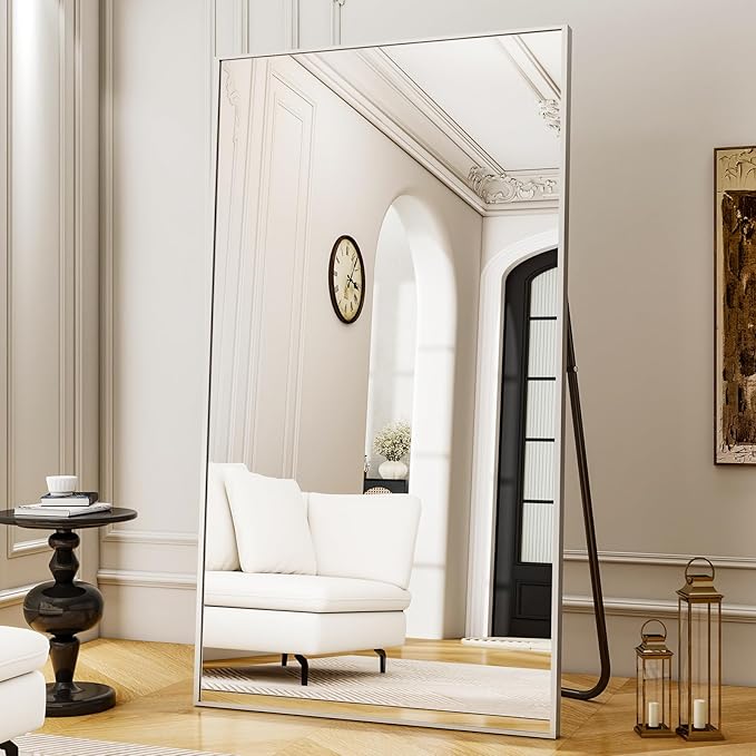 Full Length Mirror with Stand 38"x77" Full Body Mirror Floor Mirror Standing Hanging or Leaning Wall, Wall Mirror with Stand Aluminum Alloy Frame for Living Room Bedroom Cloakroom,Silver
