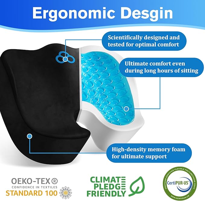 Seat Cushion, Gel Chair Cushions, Office Chair Cushions, Anti-Slip Bottom & Removable Cover Tailbone Pain Relief Cushion, Memory Foam Seat Cushion, 5.28 in Thick (Black)