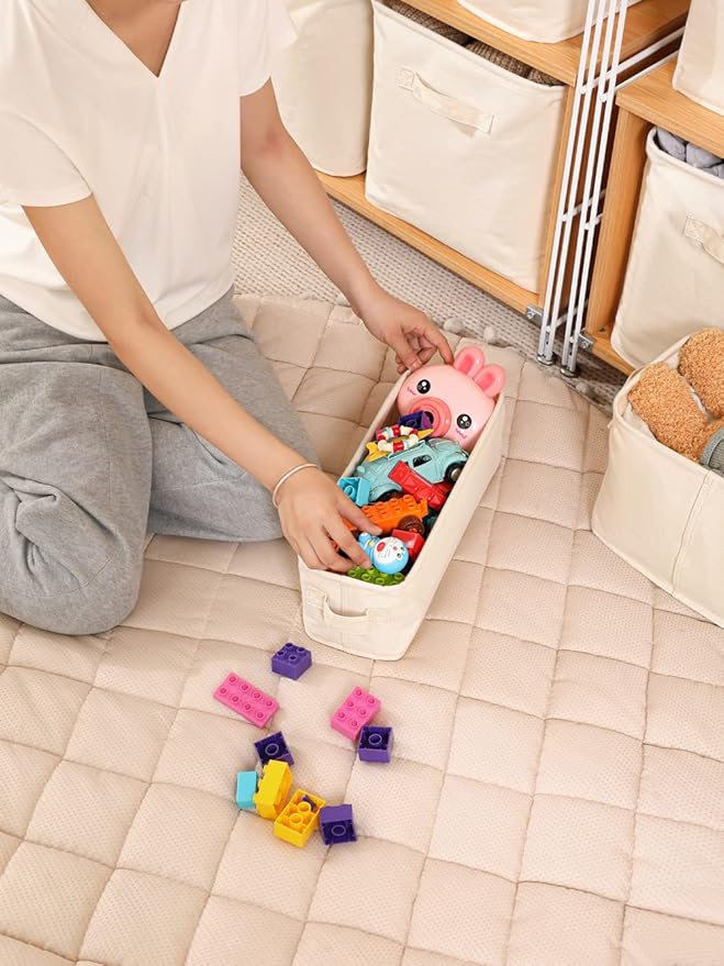 Decorative Basket Rectangular Fabric Storage Bin Organizer Basket with Handles for Clothes Storage (14.5 x 5.1 x 4.7, Beige)