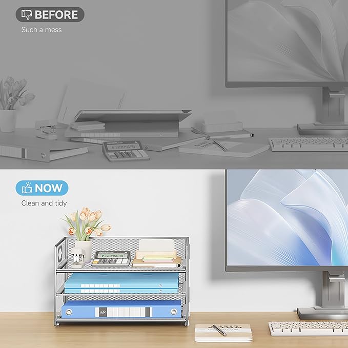 Subekyu 3 Tier Paper Desk Organizer with Handle and 1 PC Slideable Letter Tray, A4 Paper File Folder Sorter Metal Mesh Organizer for Home Office School Desk Supplies Organization Storage, Silver