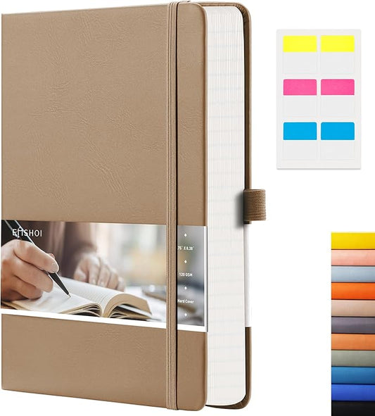 EMSHOI A5 Graph Paper Notebook - 256 Pages PU Leather Hardcover Journal, 120gsm Thick No-Bleed Grid Paper Notebook for Women Men Work School Math Engineering, 5.75" x 8.38" Khaki