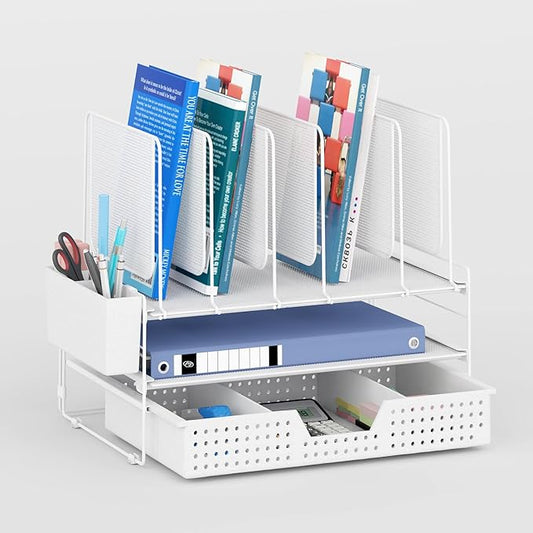 Desk Organizer, Office Organization with Vertical File Holder, File Organizer with Drawer and Pen Holder, Desk Accessories and Workspace Organizers for Home Office (White)