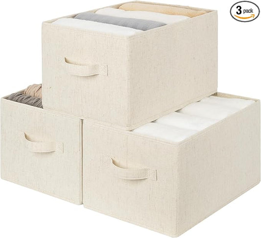 StorageWorks Storage Baskets for Shelves, Foldable Fabric Closet Storage Bins with Handles, Fabric Storage Bins Clothes Organizer, Beige(Cotton-linen), 3-Pack, Large