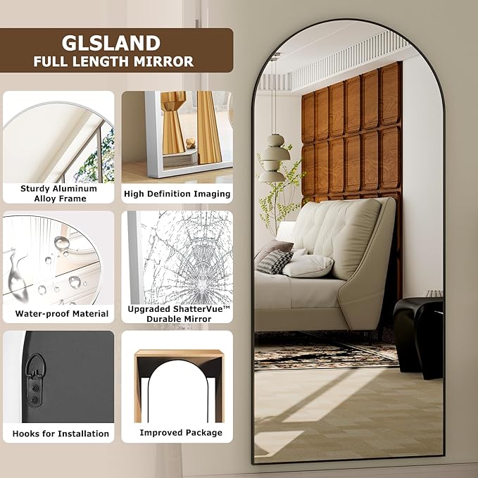 GLSLAND - 20x57 inch Arched Full Length Mirror - Floor Mirrors Aluminum Alloy Frame Full Body Dressing Mirror for Bedroom, Living Room,Gold