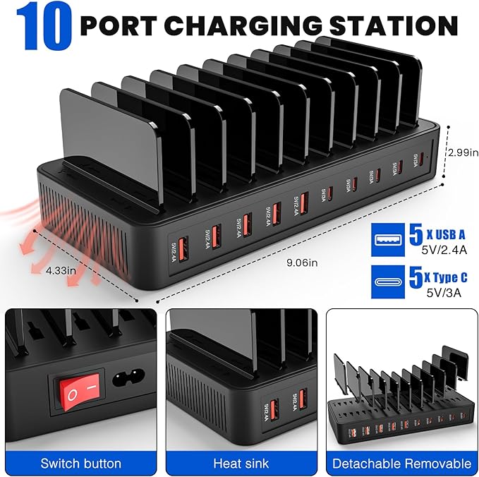 Charging Station for Multiple Devices, 100W 10 Ports Charging Dock with 10 Cables Smart IC Tech and Adjustable Dividers Type-C，Multi USB Charger for iPhone Galaxy iPad Tablet，Black