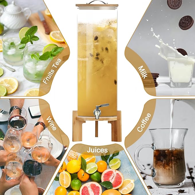 Beverage Dispenser, 4Gallon Glass Drink Dispenser with Stand, Stainless Steel Spigot, Ideal for Parties, Bars, Restaurants (15L/4 Gallon)