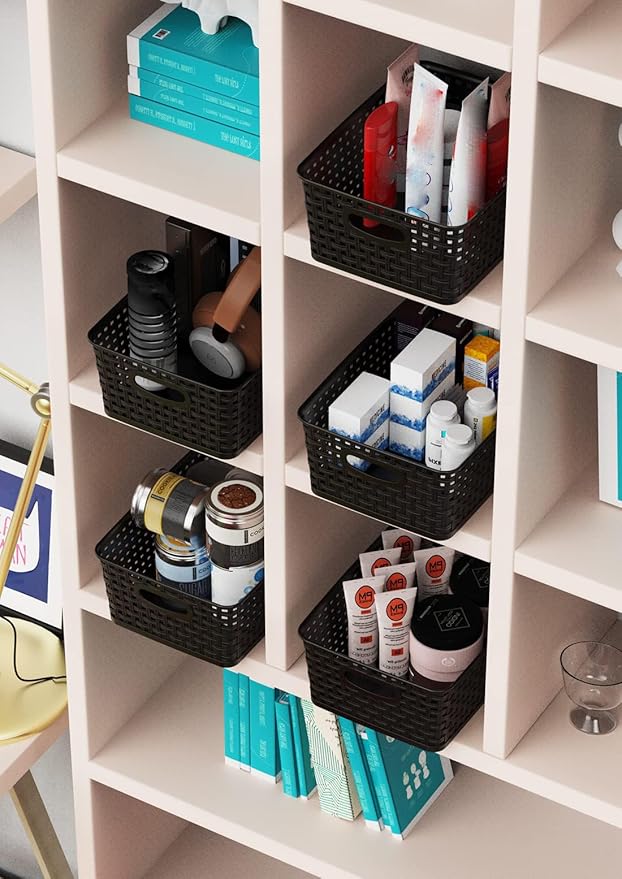 WYT Woven Storage Organizer Basket, 6-Pack Black Plastic Weave Baskets, 10.1 x 7.55 x 4.1