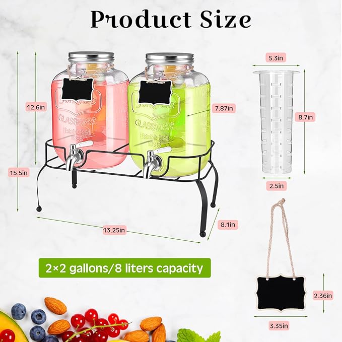 Lallisa 2 Pcs 2 Gallon Glass Drink Dispenser with Stand Ice Cylinder Hanging Chalkboard Signs 18/8 Stainless Steel Spigot Beverage Dispensers for Parties Mason Jar Drink Lemonade (Silver Spigot)