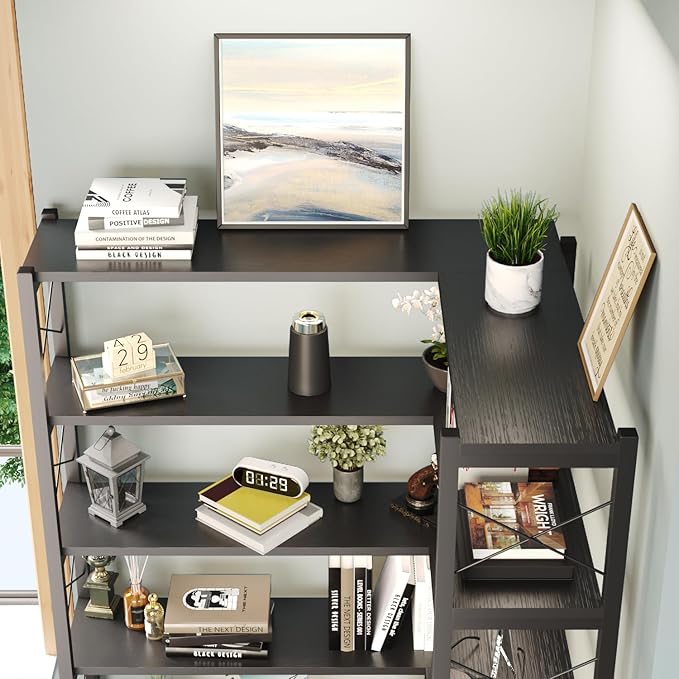 6-Shelf Corner Bookshelf, Vintage Industrial Corner Bookshelf Etagere Bookcase, Large Book Shelf with Metal Frame Open Storage CornerCabinet (Black, Small)