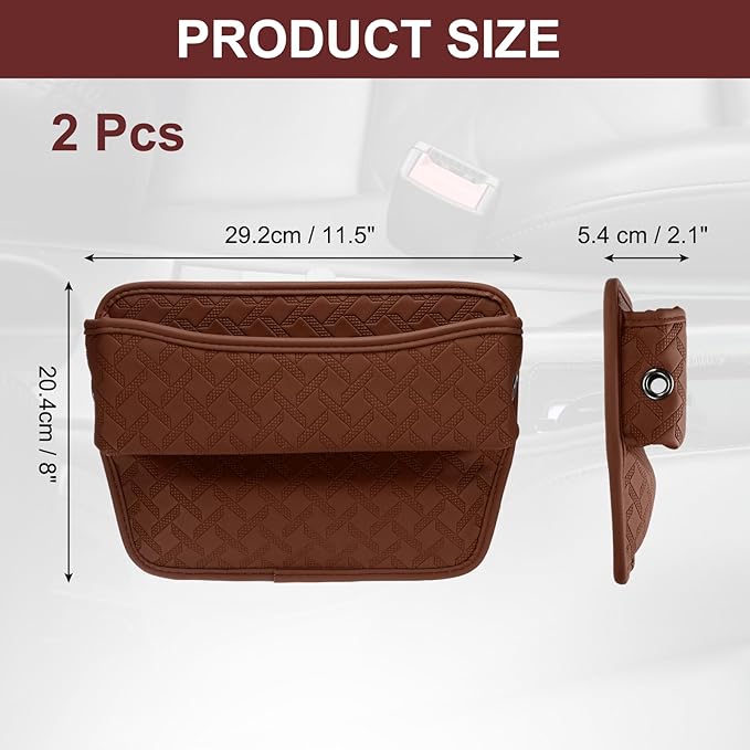 HARFINGTON 2pcs Car Seat Gap Filler Organizer 11.5 x 8 x 2.1 Inch Leather Universal Car Organizer Storage Box Between Seat and Console for Phone Sunglasses Keys, Brown