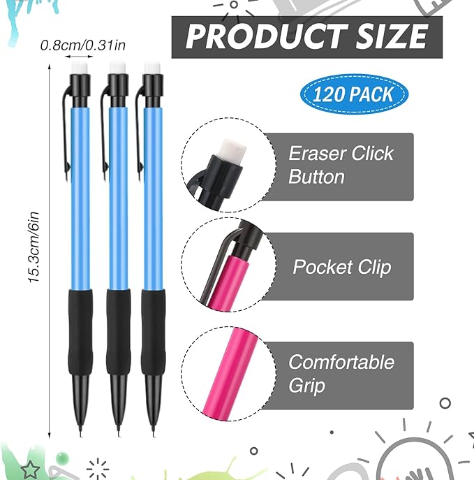 360 Pcs 0.7mm Mechanical Pencils Bulk Set Include 120 Mechanical Pencil 120 HB Lead Refills 120 Erasers for Art Office Classroom School Student Writing Drawing Sketching Supplies