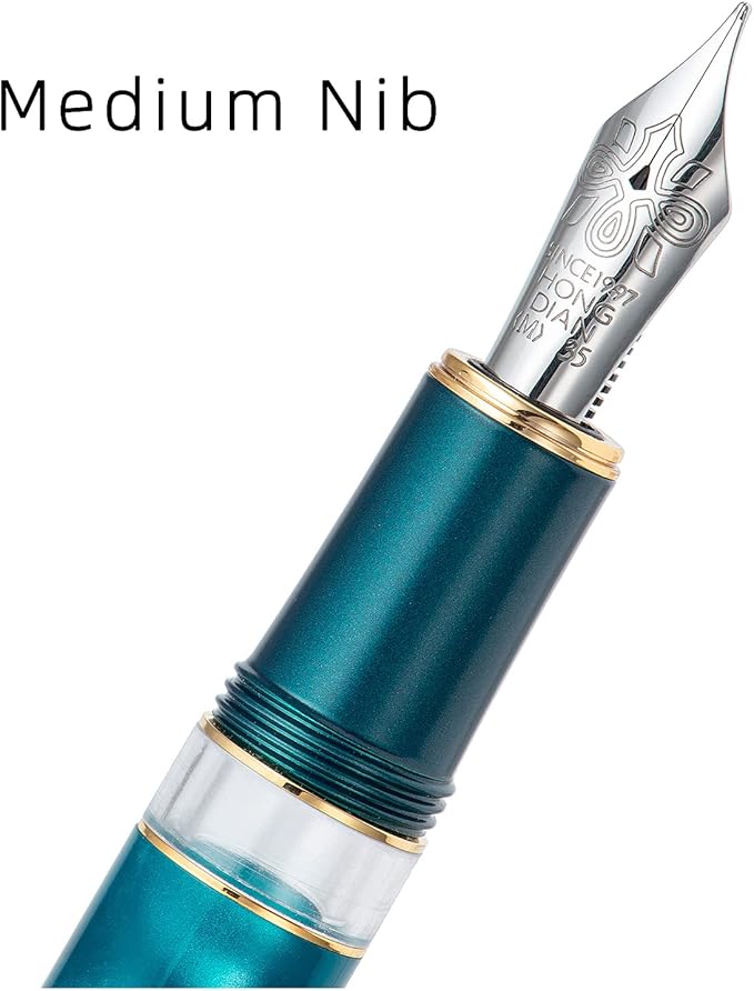 Hongdian N7 Blue Peacock Fountain Pen Resin Piston, Iridium Medium Nib Classic Pen, Smooth Writing Pen with Metal Box