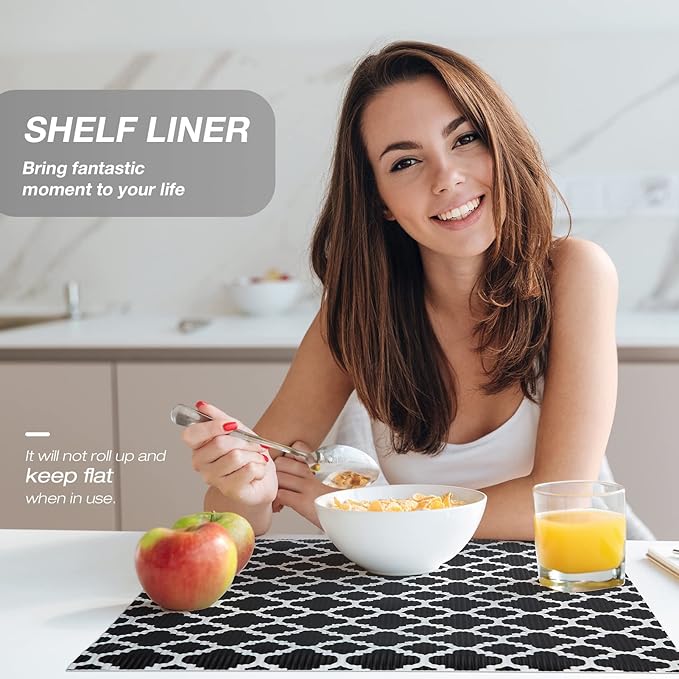 Glotoch Shelf Liners for Kitchen Cabinets 17.5” x 30 ft, Non Slip Drawer Liner, Waterproof Cabinet Liner for Wire/Pantry/Closet/Dresser-Non Adhesive, Heavy Duty, Quatrefoil, Black&White