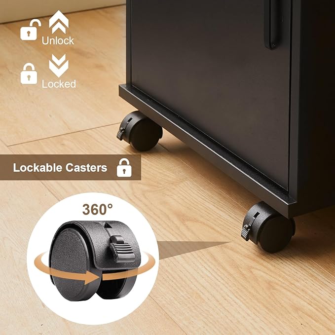 File Cabinet with Lock and Drawer, Mobile Under Desk Storage Cabinet with 360° Swivel Wheels, Wooden Filing Cabinet File Organizer for Legal/Letter/A4 Documents, Home Office Filing Cart (Black)