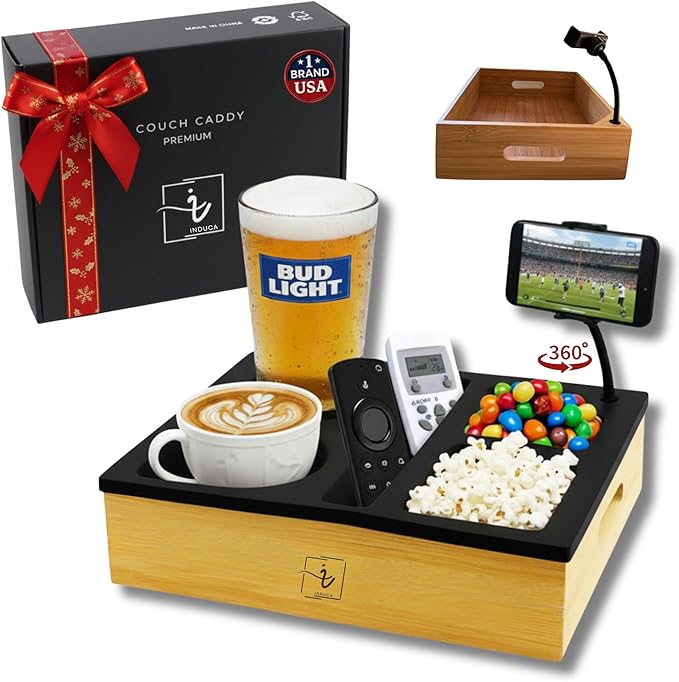 Couch Caddy with Cup Holder | Bamboo Couch Cup Holder Tray for Drinks, Snacks & Remotes | Couch Tray for Bed, Car Seat & Beach Organizer (Black)