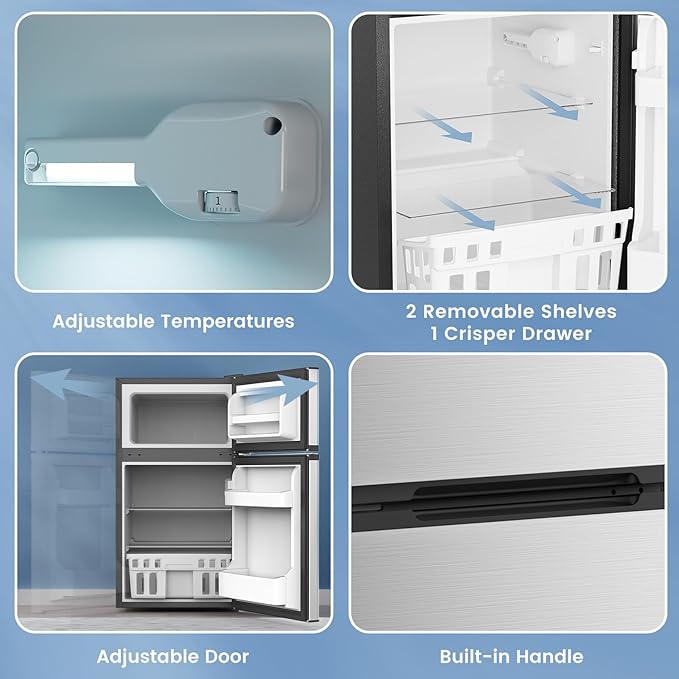 3.1 Cu.Ft Mini Fridge with Freezer, 2 Door Compact Refrigerator, Mini Fridge with Adjustable Removable Glass Shelves for Bedroom, Office, Dorm or Apartment, Stainless Steel