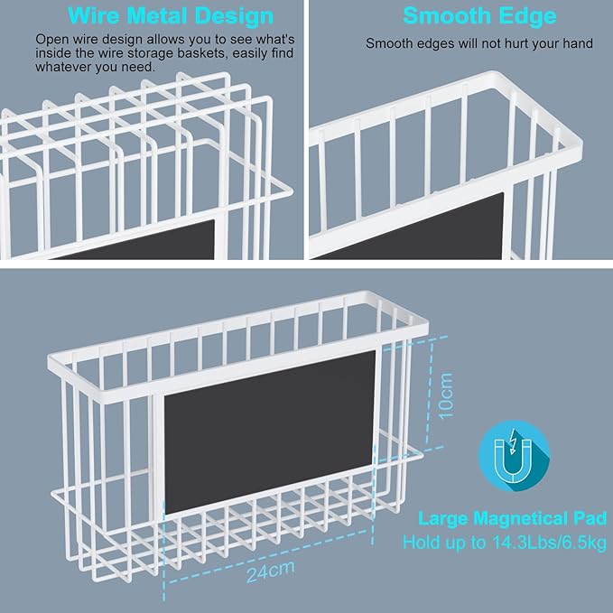 Magnetic Refrigerator Baskets, Fridge Spice Rack Organizer with Hooks, Strong Magnet Metal Hanging Wire Storage Basket Storage Bin Box Container for Pegboard /Refrigerator/Whiteboard/Locker-White