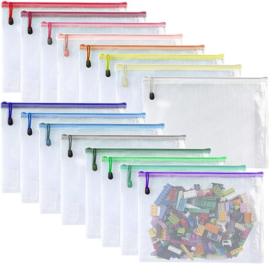 Oaimyy-16 PCS-9 x 12 inches-Mesh Zipper Pouch, Plastic Zip File Folders Puzzle Bags for Organizing,for Office Supplies,Travel,Home Storage-Multicolor