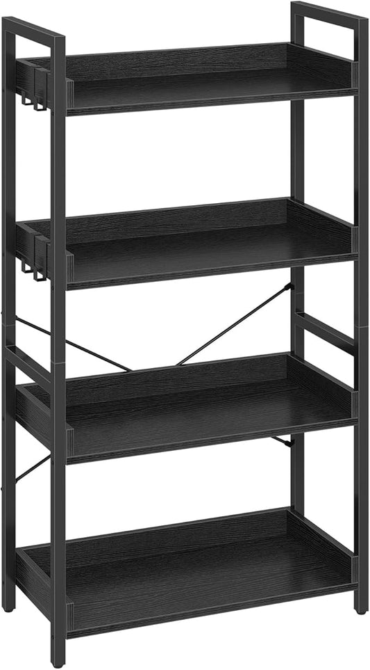 Rolanstar Bookshelf 4 Tier with 4 Hooks, Industrial Wood Bookcase, Vintage Storage Rack with Open Shelves, Rustic Standing Bookshelves Metal Frame Display Rack for Living Room, Bedroom, Black