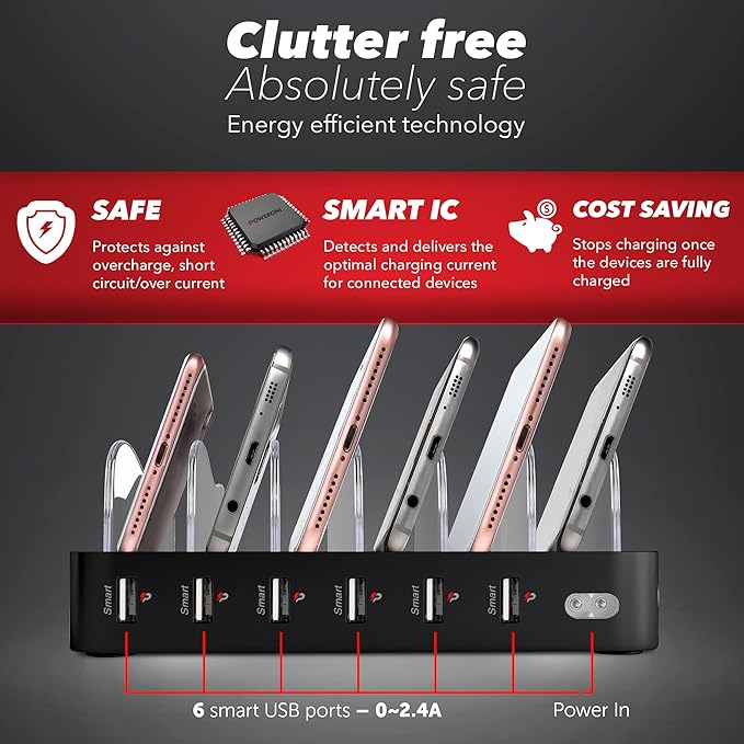 USB Charging Station - 6 Port Universal Charging Station for Multiple Devices - Multi Device Charger Dock - Compatible with Apple, iPad, iPhone, Android Cell Phones, and Tablets - Black