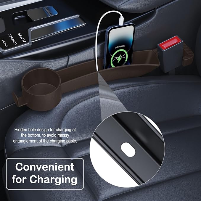 Car Seat Gap Plug with Storage Slot, Auto Gap Filler Organizer with Cup Holder, Universal Carseat Side Gap Filler Strip 2 Pack Between Front Seats & Console, Anti-Drop Pad with Seatbelt Holes, Brown