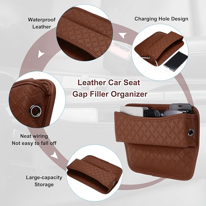 HARFINGTON 2pcs Car Seat Gap Filler Organizer 11.5 x 8 x 2.1 Inch Leather Universal Car Organizer Storage Box Between Seat and Console for Phone Sunglasses Keys, Brown
