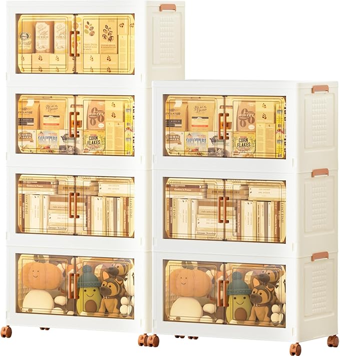 JEKO&JEKO 756 Qt Plastic Storage Bins with Lids, Doors & Wheels, 7 Pack Extra Large Stackable Collapsible Storage Cabinets and Closet Organizers for Home Office, Cream