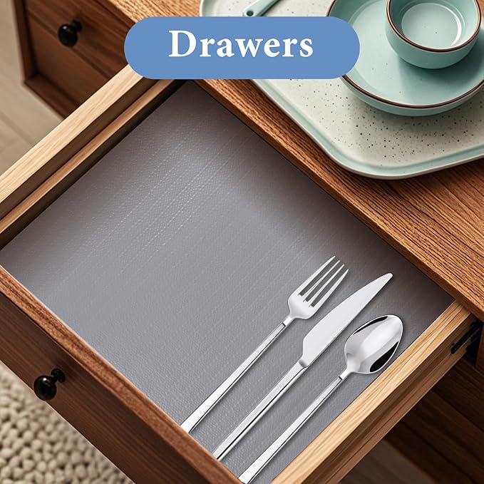 Shelf Liners for Kitchen Cabinets Non Adhesive Drawer Liner 17in x 20FT Pure Grey Thickened Shelf Liner Strong Non-Slip Easy to Clean for Tool Box Refrigerator with Knife and Tape Measure