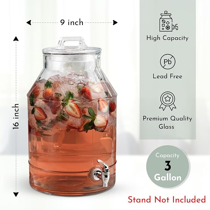 3 Gallon Glass Drink Dispensers For Parties,Classic Mason Jug Beverage Dispensers With Glass Lid With Handle And 100% Leakproof Spigot.Glass Water Jug Dispenser,Lemonade Dispenser