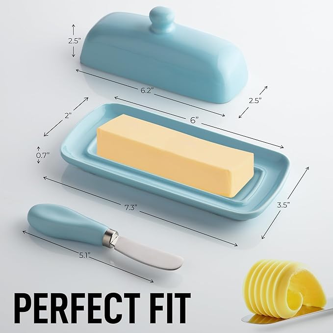Zulay Kitchen Butter Dish With Lid For Countertop - Porcelain White, Ceramic Butter Dish with Knob Handle Great for Cooking - Elegant Design Butter Holder - Durable & Sturdy Butter Keeper - Light Blue