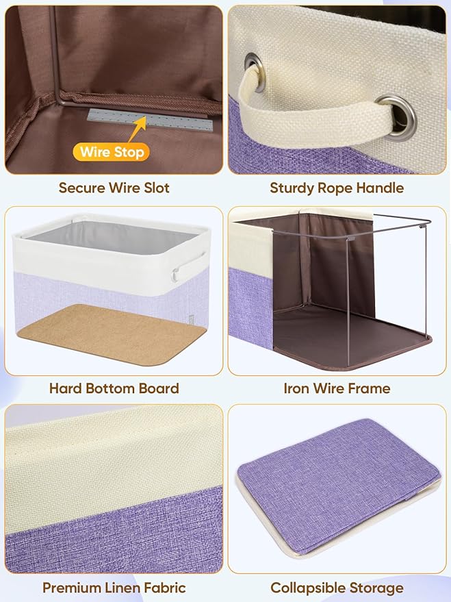 BALEINE 3 Pack Fabric Storage Bins for Shelves, Linen Storage Baskets for Organizing, Decorative Closet Bins for Clothes, Home (Lavender, 17''x13''x10.5'')