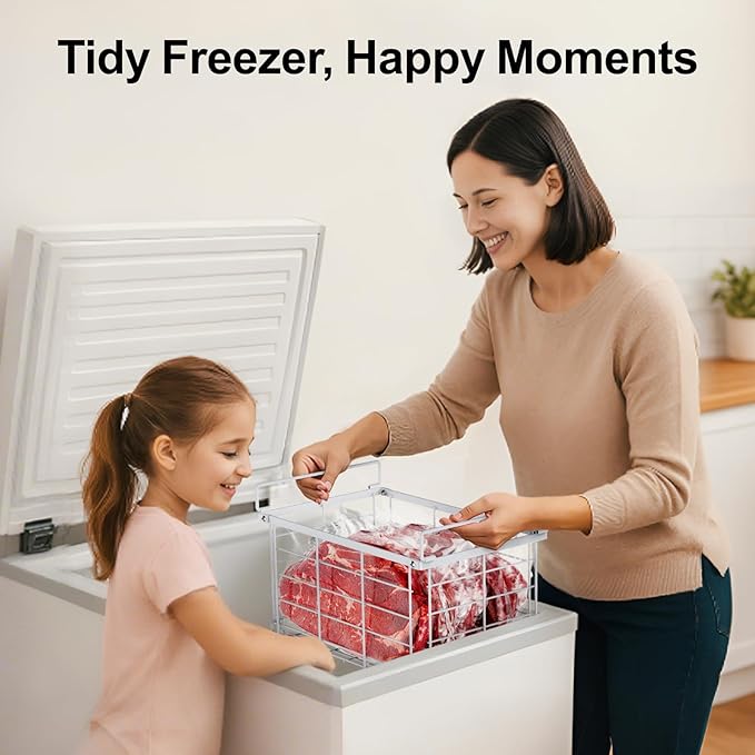 iSPECLE Deep Freezer Organizer Bins - 3 Pack Large Freezer Organizer Bins for 5 to 7 Cu.Ft Chest Freezer, Stackable Easy Access Food No More Digging, Sturdy Metal Wire Basket Not Scratch Bottom, White
