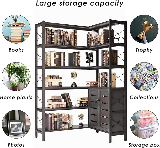 6-Shelf Corner Bookshelf, Vintage Industrial Corner Shelf Etagere Bookcase, Large Book Shelf with Metal Frame Open Storage Corner Cabinet (Black-Lockers)