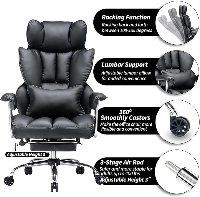 Efomao Desk Office Chair 400LBS, Big and Tall Office Chair, PU Leather Computer Chair, Executive Office Chair with Leg Rest and Lumbar Support, Black Office Chair