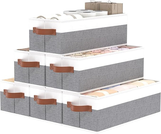 OUTBROS Storage Bins,Foldable Storage Baskets for Organizing,Fabric Storage Boxes With Handles,For bedrooms, living rooms, Shelves,Gray/White,15x6.1x5.1in,6-Pack