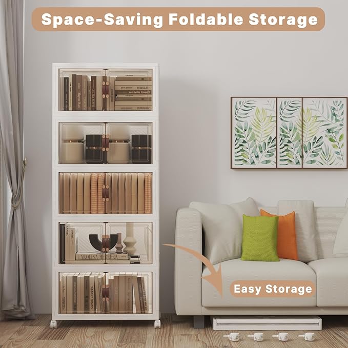 Extra Large Stackable Storage Bins with Lids & Wheels, Foldable Collapsible Closet Organizers Storage Cabinet with Doors for Bedroom Dorm (White, 275QT-55QT/14GAL*5Pack)