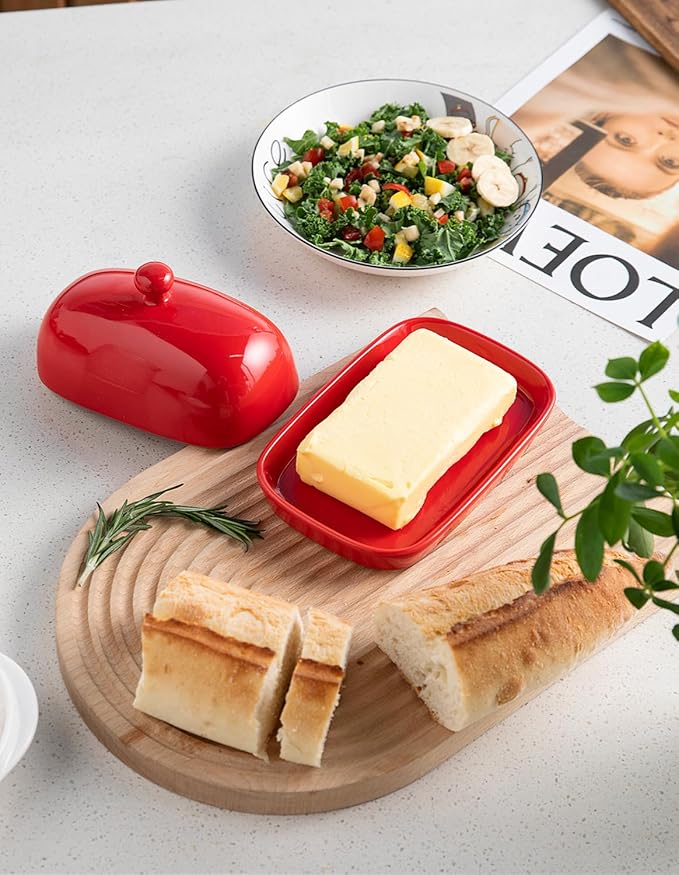 Sweejar Ceramic Butter Dish with Lid for Countertop,Porcelain Butter Keeper with Knob Handle,Butter Container for East/West Coast Butter, 7.1*3.7 inches (Red)