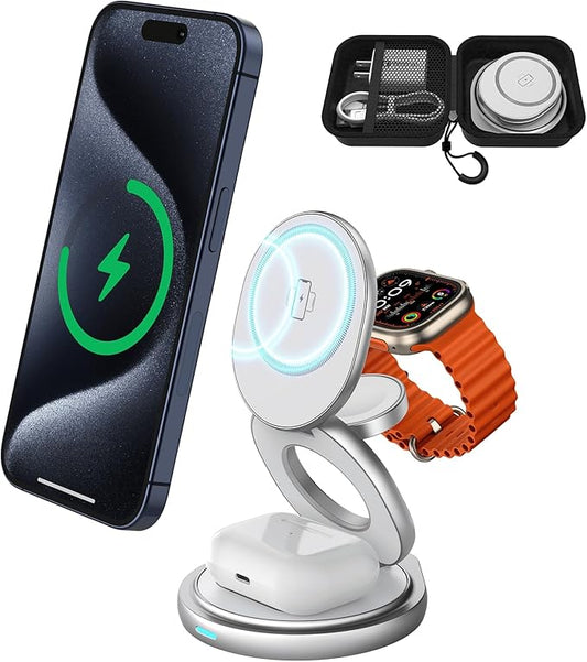 3 in 1 Charging Station for Apple Magsafe Travel Charger for Multiple Devices Aluminum Foldable Magnetic Wireless Charger with 360 Rotating for iPhone 17/16/15/14/13/12 Series,for iWatch,for Airpods