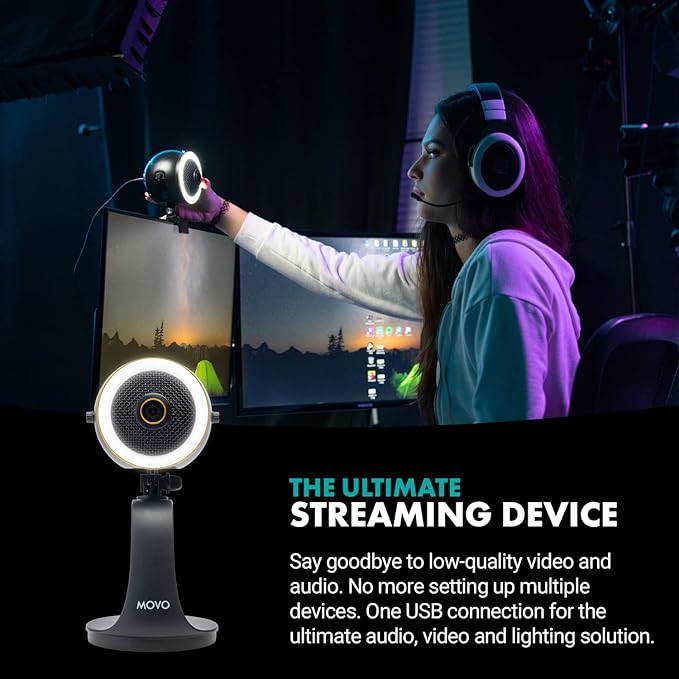 Movo WebMic HD Pro All-in-One Webcam with Microphone and Ring Light- 1080p HD Camera, Pro Cardioid Condenser Microphone, LED Ring Light -HD Webcam for Streaming, Video Conferencing, Recording, Gaming