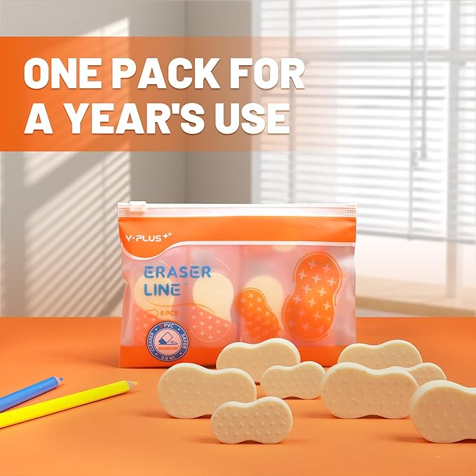 Yplus Eraser Line - Hipolymer Pencil Erasers for School Office, Cute White Rubber Eraser for Kids, Artist No Residues, 6 Pcs Stocking Stuffers for Kids Toddler