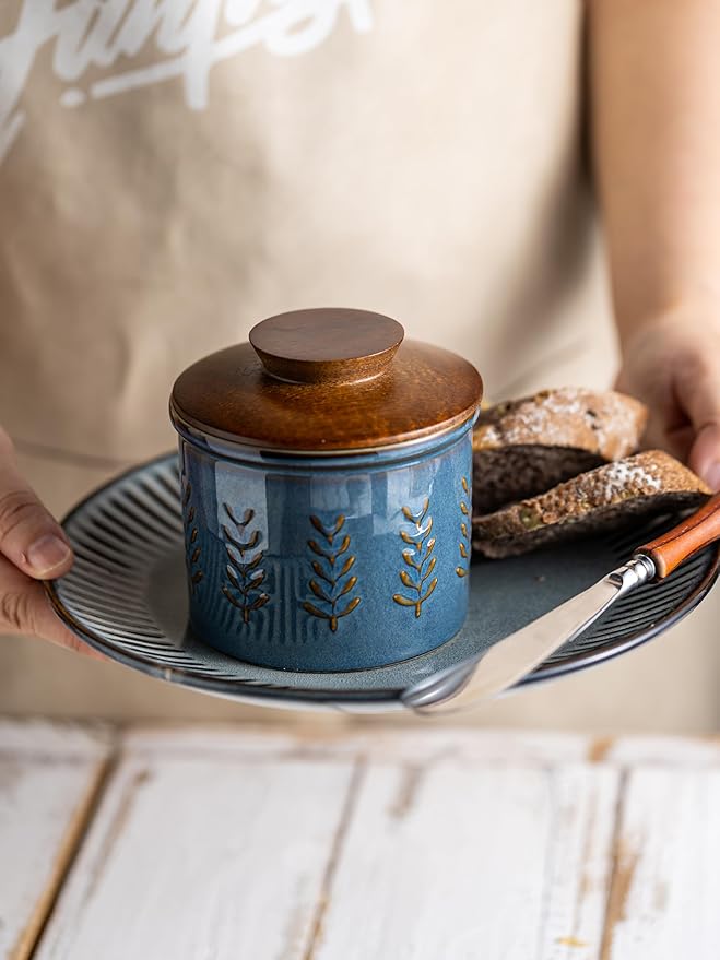 Ceramic Butter Dish with Lid, Butter Crock for Countertop, French Butter Keeper, Elegant Embossed Pattern, Blue