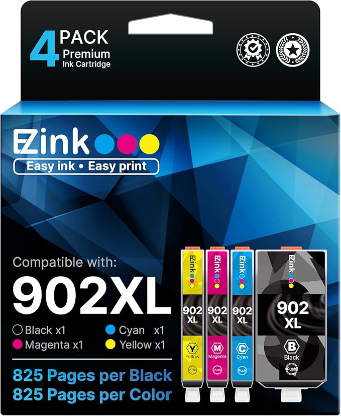E-Z Ink Compatible 902 902XL Ink Cartridges for HP Printers Replacement for HP 902XL Ink Cartridges Combo Pack 4 Pack for Officejet Pro 6978 6968 6960 6970 Officejet 6951 6954 6956 6958 Printer