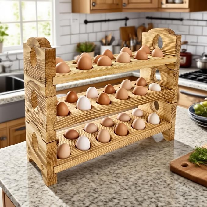 Egg Holder Countertop Farmhouse Decor - Wooden Fresh Eggs Storage for Counter - Pine Wood Egg Organizer Tray Racks