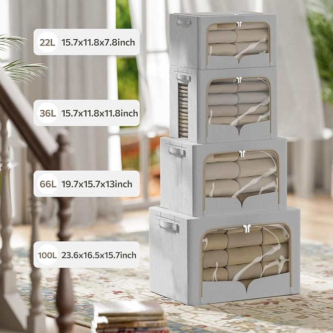 FHSQX 3 Pack Clothes Storage Bins - Foldable Metal Frame Storage Box - Stackable Linen Fabric Container Organizer Set with Carrying Handles and Clear Window (Light Gray, 15.7x11.8x7.8inch(22L))