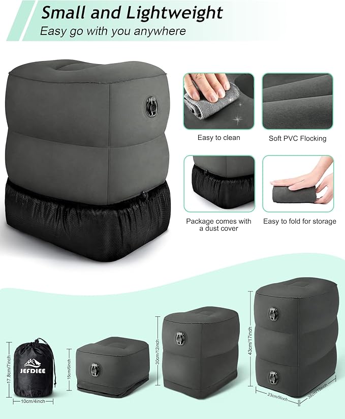 JefDiee Inflatable Travel Foot Rest Pillow, Kids Airplane Bed, Adjustable 3 Layers Height Leg Rest Pillow, Adults Travel Essentials Great for Airplane, Office, Home, Trains, Cars (Dark Grey)