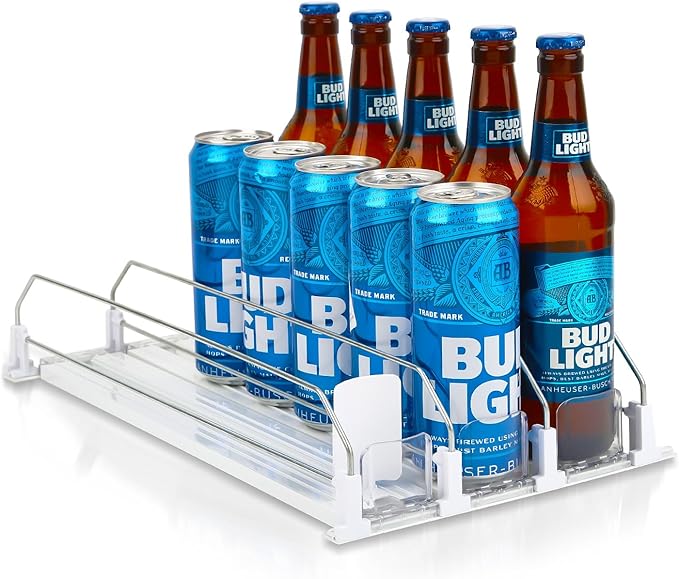 Soda Can Dispenser for Refrigerator, 3 Row Self-Pushing Rack, Fits up to 15 Cans, Width Adjustable Beverage Storage Rack, 15inch White